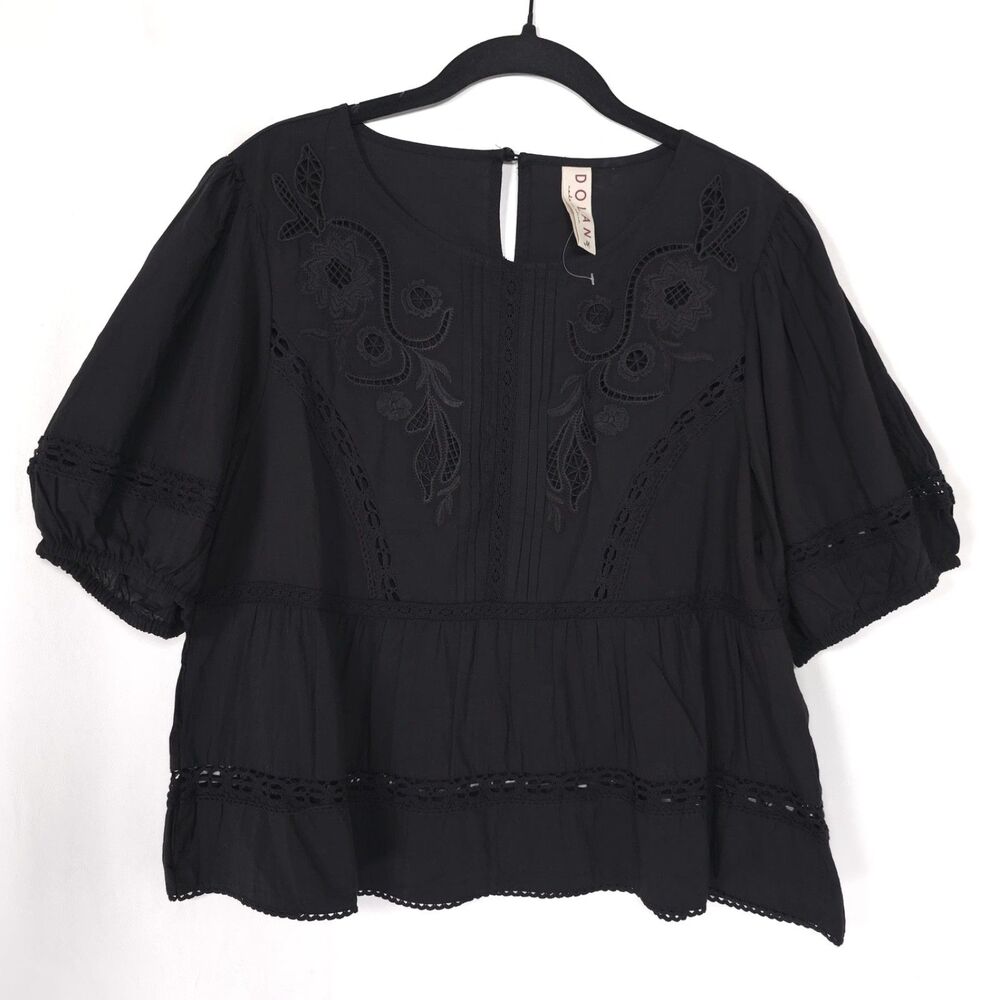 ANTHROPOLOGIE DOLAN Women's NWOT MEDIUM Top Blouse Black Embroidered Puff Sleeve